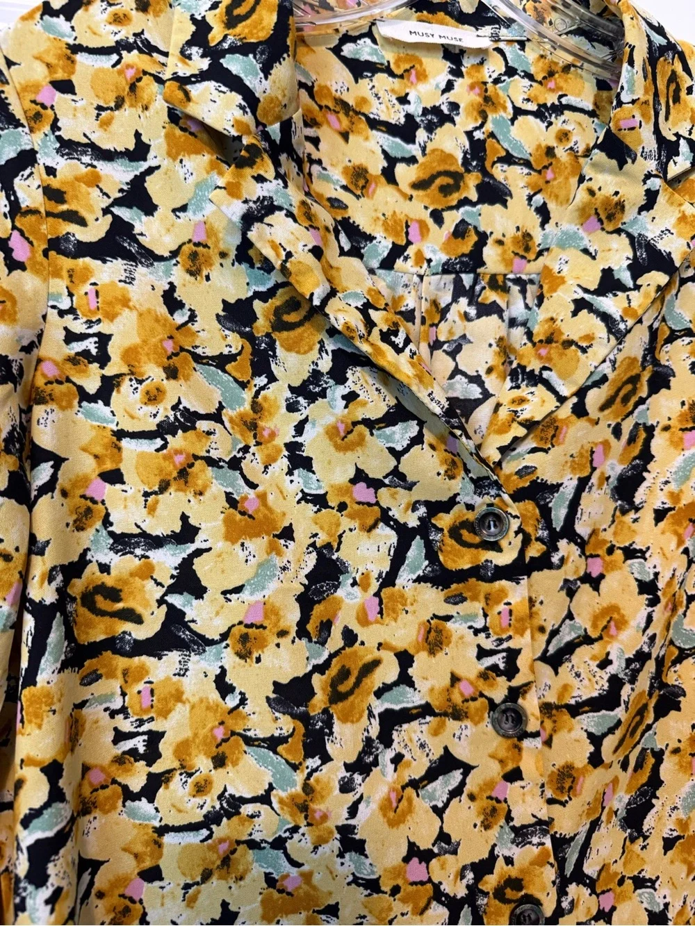 Musy Muse Yellow Floral Button Front Blouse  Small Long Sleeve Lightweight Top - Picture 2 of 6